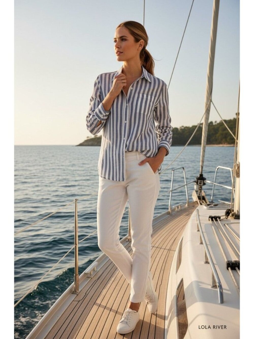 Striped Button-Down Shirt By Lola River - Coastal Grandma, Hampton's Style, (Med